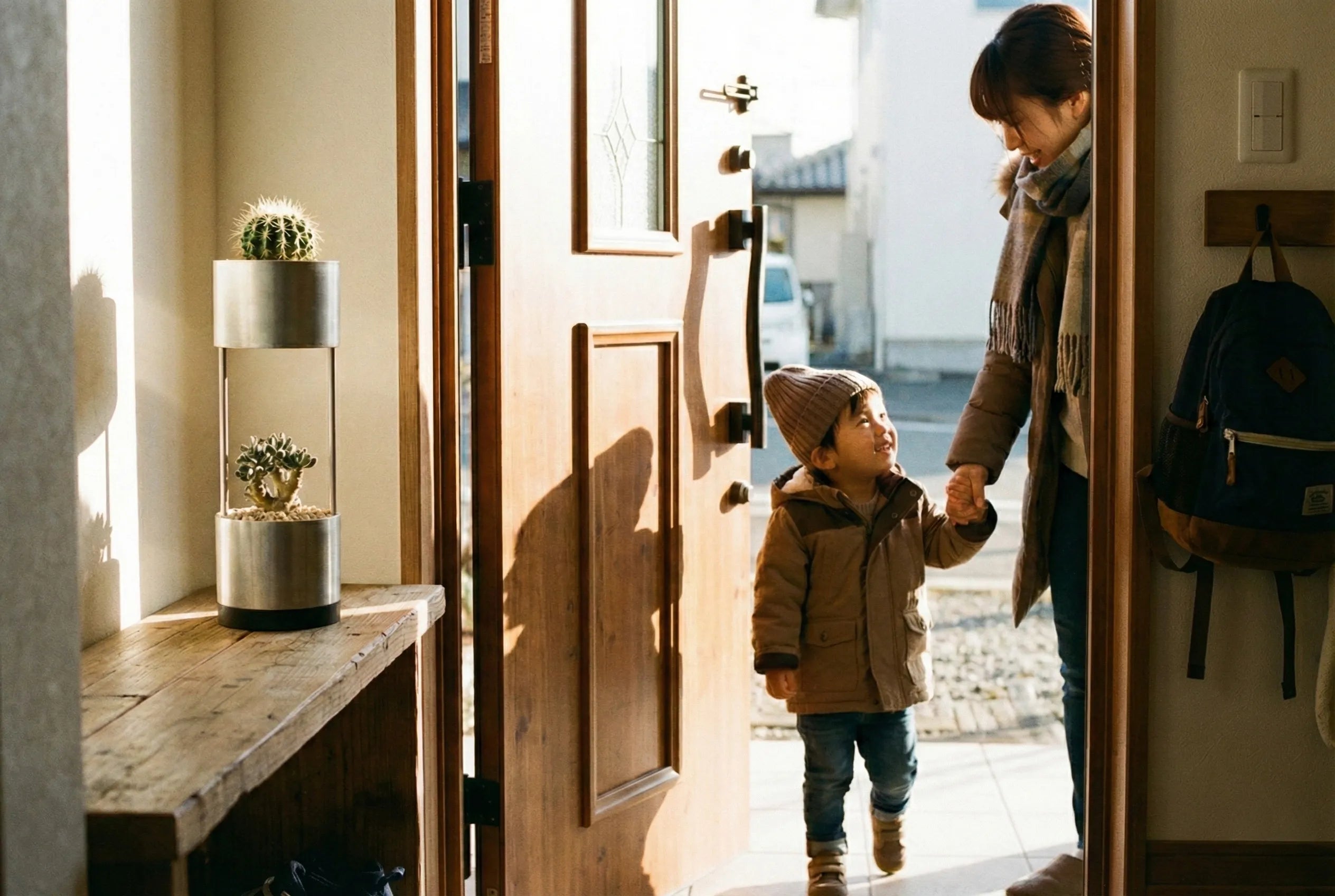 母と子が玄関先で手をつなぐ。BAMBUNOのプランターが温かく出迎える
