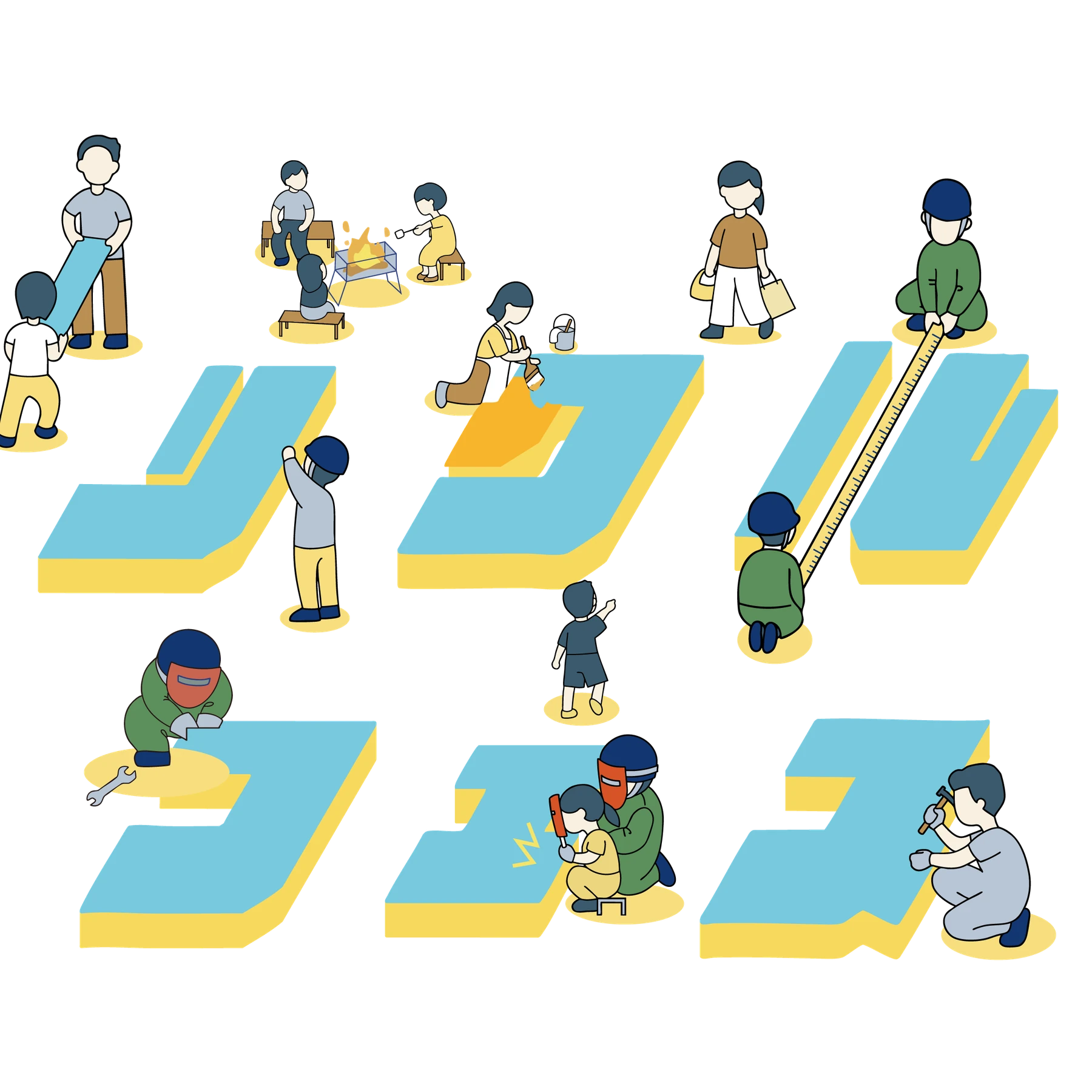 職人と来場者みんなで「ツクルフェス」の文字を組み上げているイラスト