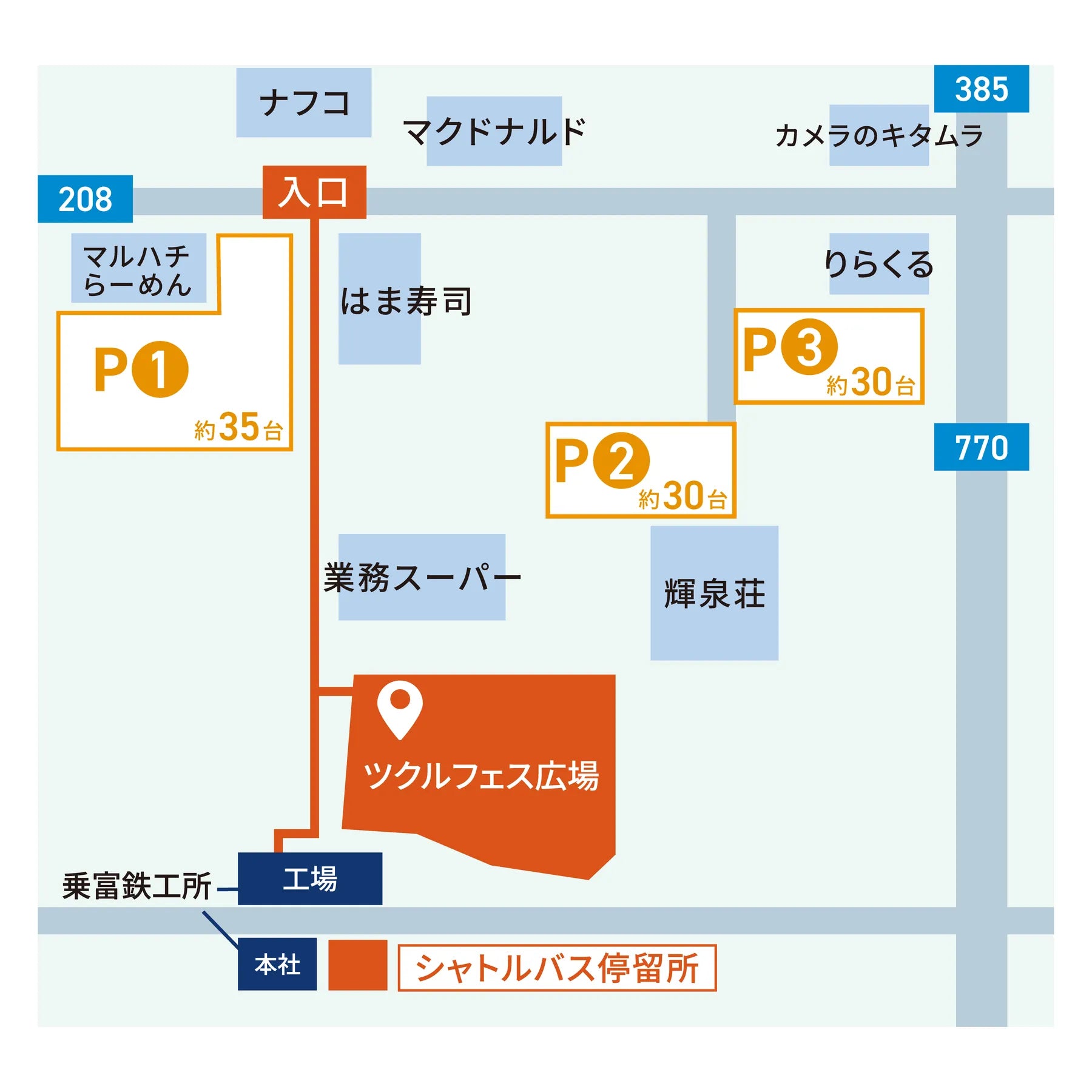 ツクルフェス会場周辺の駐車場マップ。会場「ツクルフェス広場」は乗富鉄工所の工場のとなりにあり、国道208号から入口を南へ入ったところです。P1（約35台）は入口のすぐ西側、マルハチらーめん・ナフコの南。P2（約30台）は会場の北東、輝泉荘の北側。P3（約30台）はさらに北の、りらくるの南側で県道770号沿い。シャトルバス停留所は工場前の道路沿いにあります。