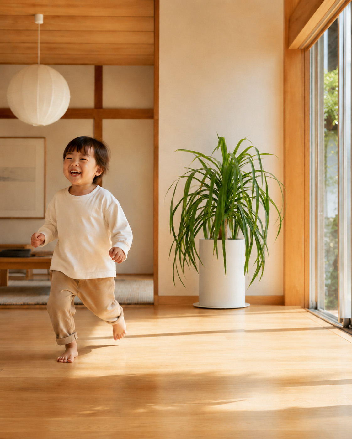 明るい和の空間で、ナチュラルホワイトのPLUSTと背の高い観葉植物のそばを、子どもが笑顔で走っている様子